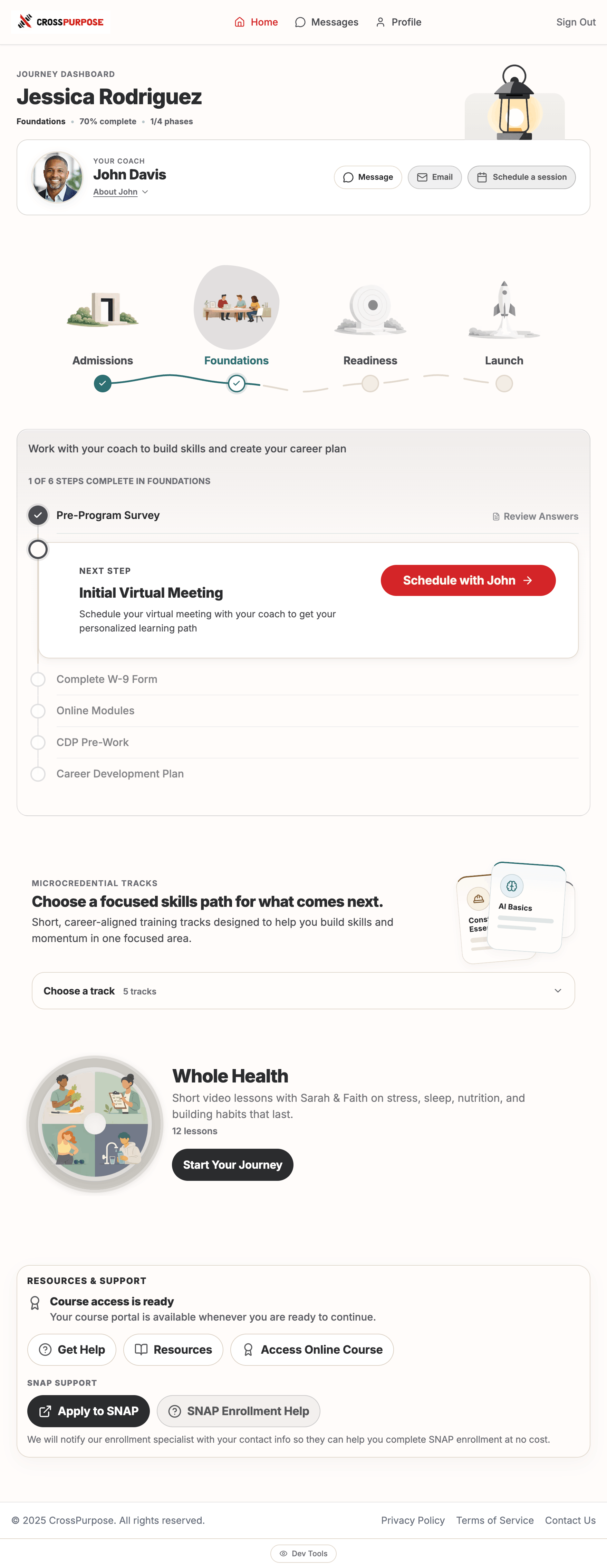 Redesigned Cross Purpose dashboard with journey path and coach card